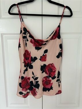 PAIGE Pink Floral Cowl Neck Camisole with Red Rose Print